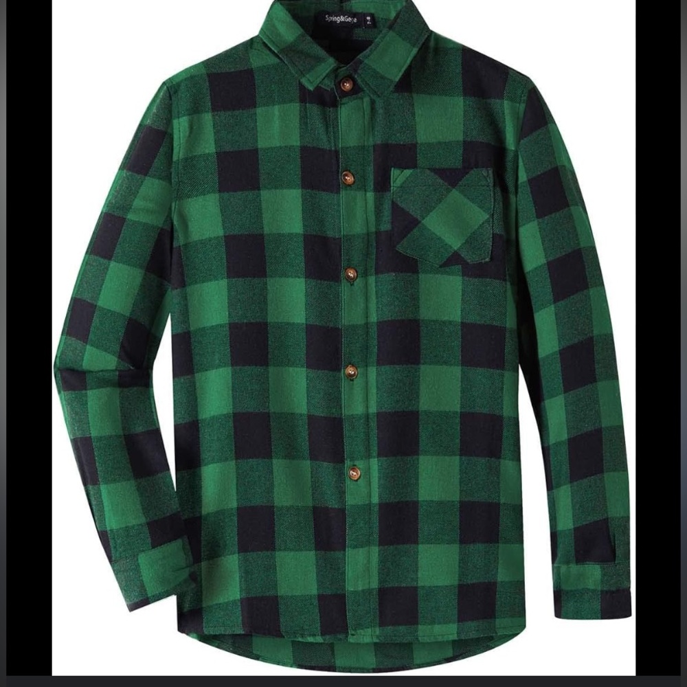 Spring&Gege Youth Solid flannel button up XL 14-16 121 green black buffalo plaid